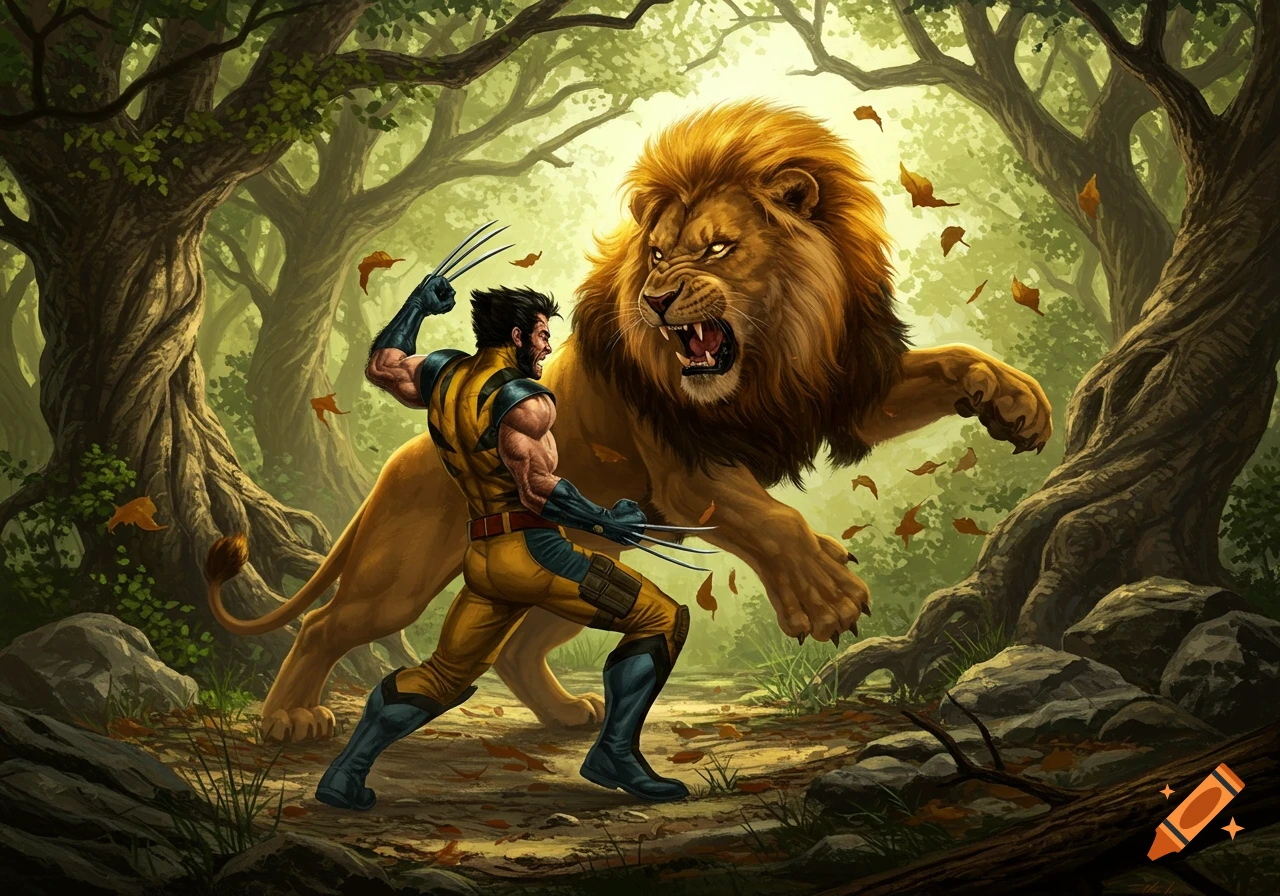 Wolverine with claws extended facing an attacking lion in a lush forest, comic art style.