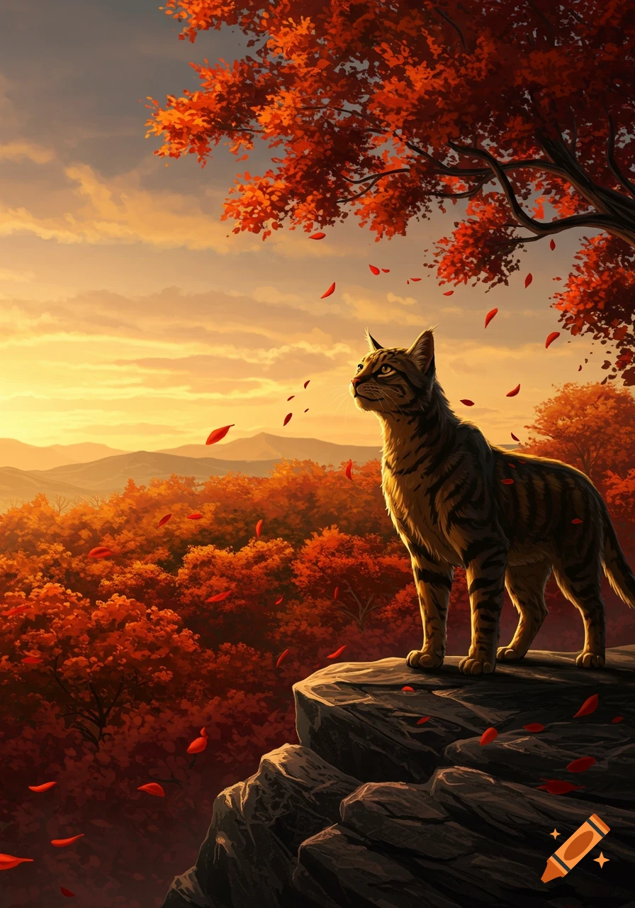 A striped cat stands on a rocky cliff overlooking an autumn forest with red leaves falling at sunset, in a stylized illustration.
