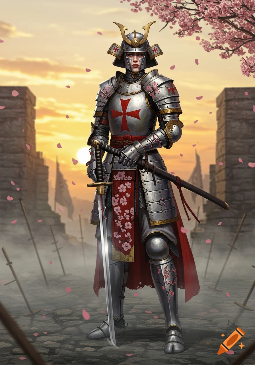 A warrior in a blend of samurai and Templar knight armor stands with a sword on a ruined battlefield with falling cherry blossoms at sunset.