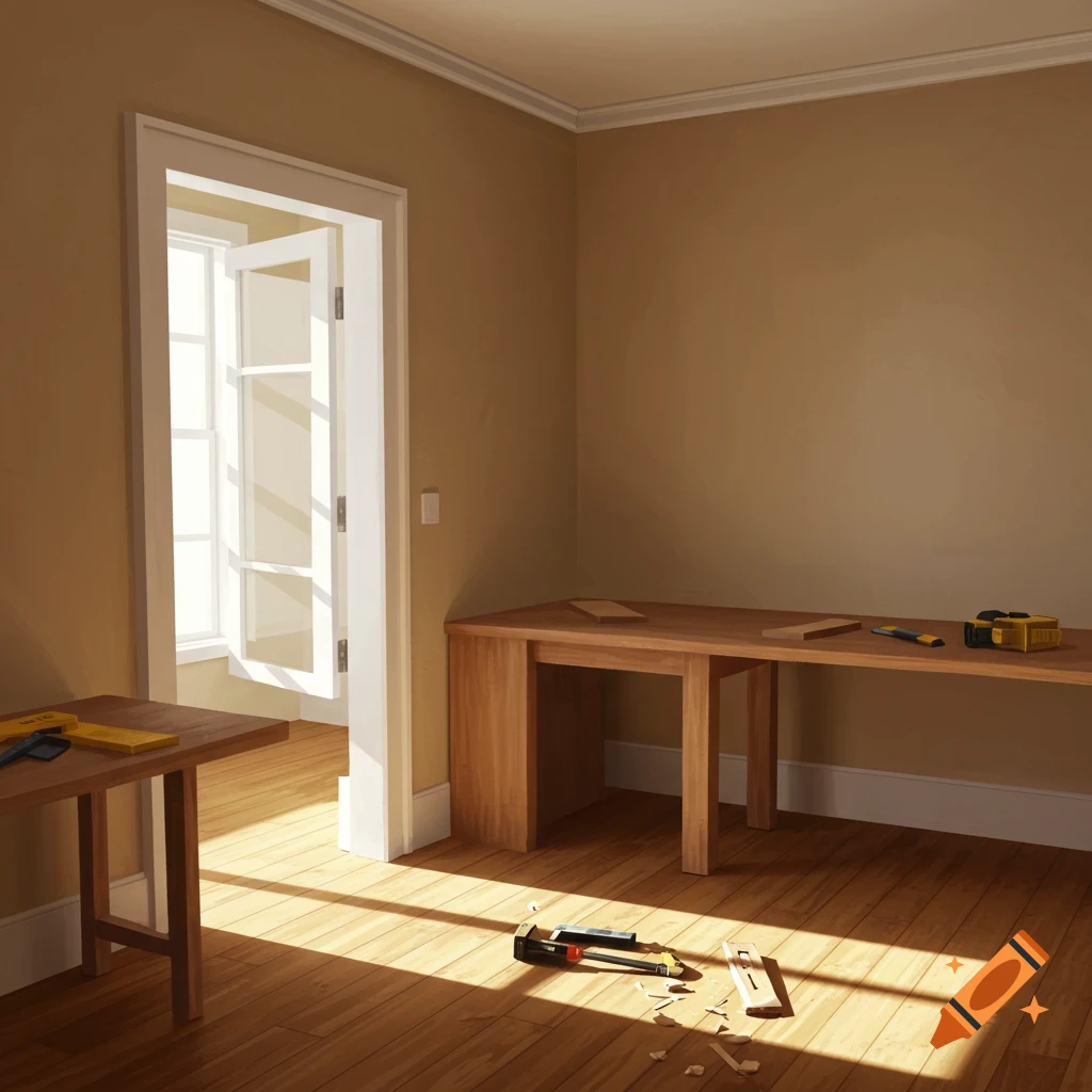 A sunlit room with wooden tables and carpentry tools, an open door leads to a bright window.