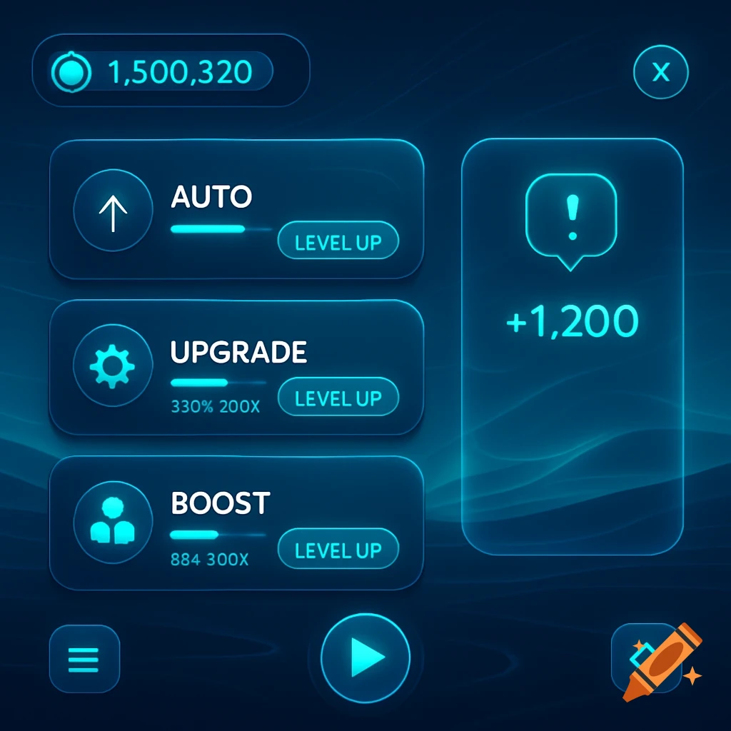 A dark blue and glowing cyan user interface for an idle game, showing stats, auto, upgrade, and boost options with level up buttons.