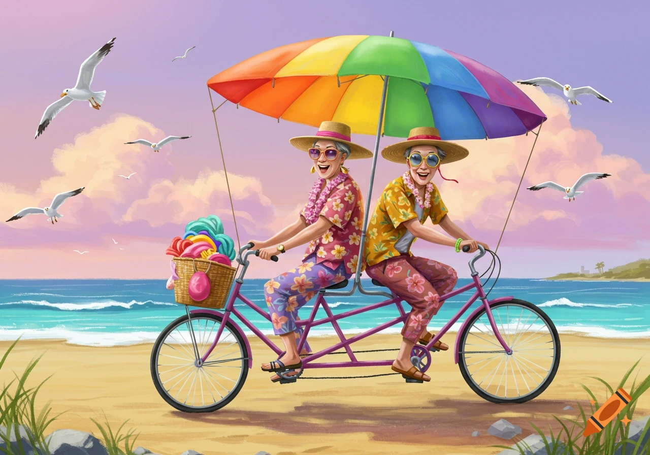 Vibrant illustration of two cheerful elderly women riding a tandem bicycle with a rainbow umbrella on a sunny beach, seagulls flying.