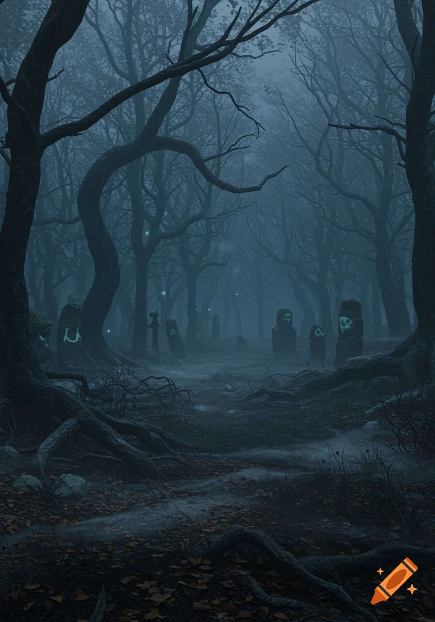 A dark, misty, and creepy forest at night, with twisted trees and glowing mystical stone pillars, in a hyperrealistic style.