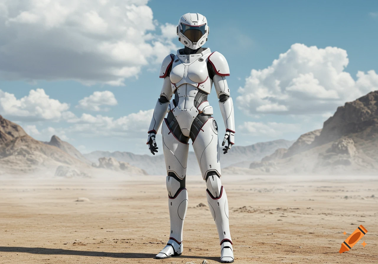 A woman in white powered armor and a full helmet with maroon trim stands in a vast, sunny desert landscape.