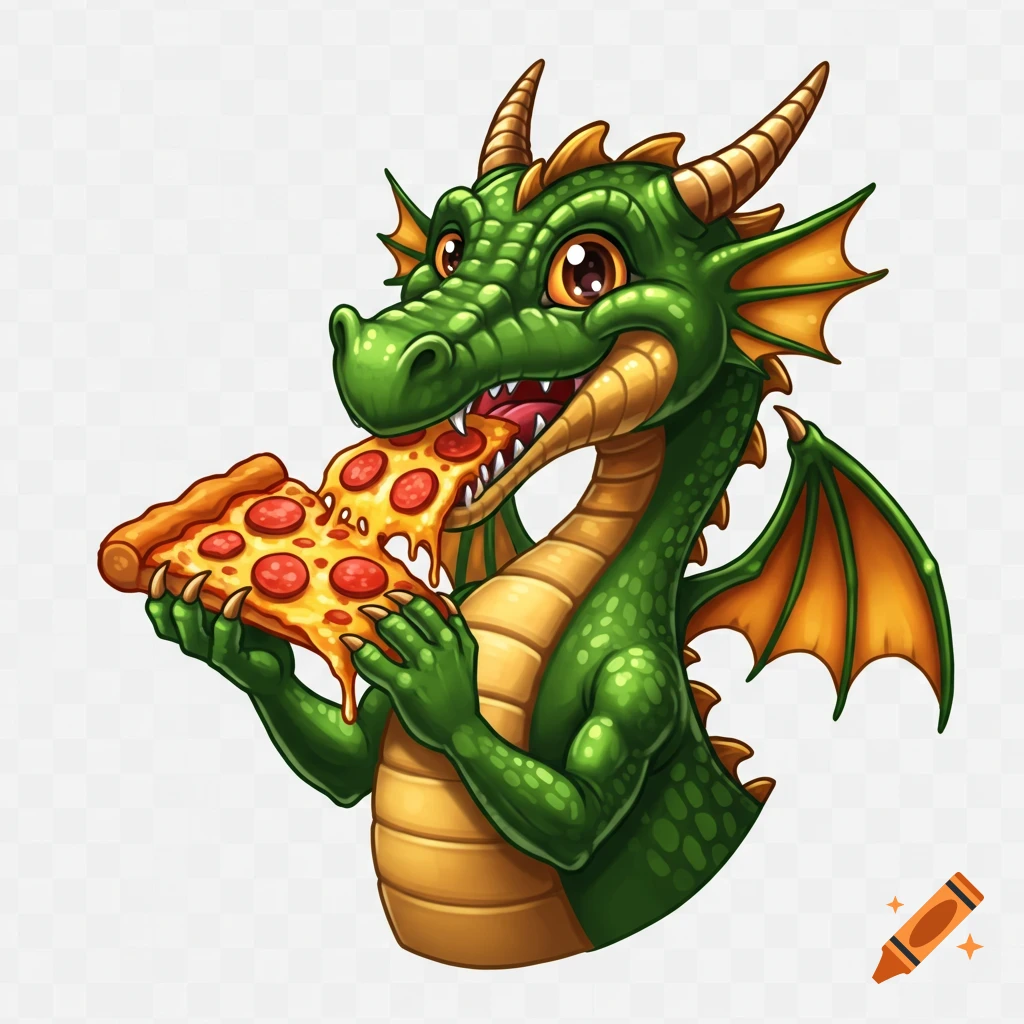 A cute green cartoon dragon with horns and wings, happily eating a slice of pepperoni pizza.