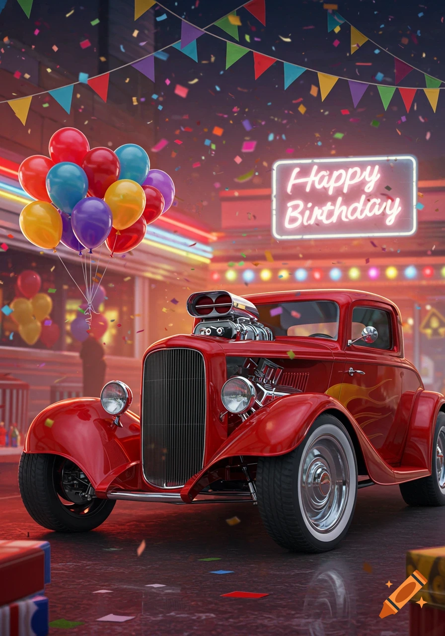 A red hot rod car in a garage decorated for a birthday party with balloons, confetti, and a neon 'Happy Birthday' sign.