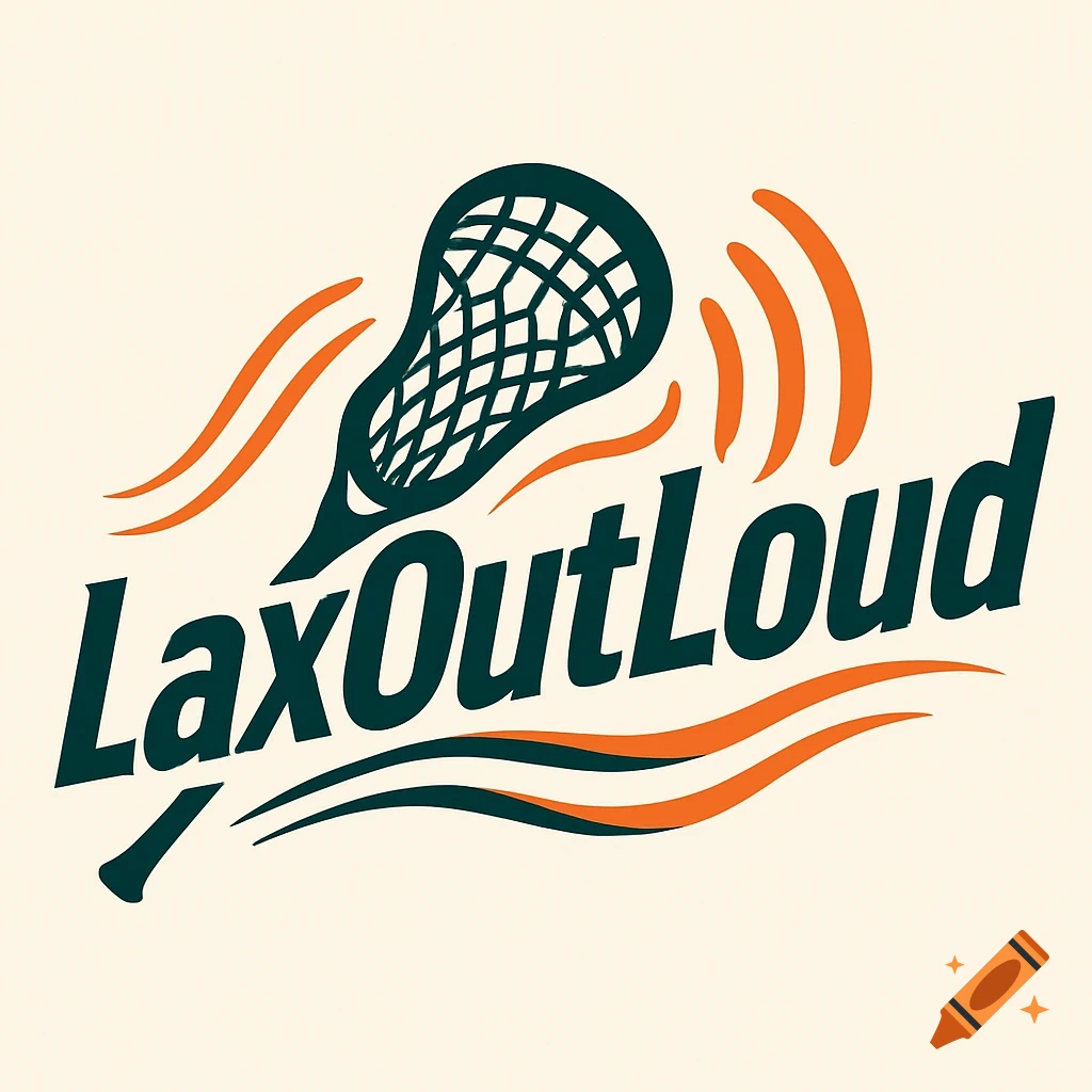 A logo for LaxOutLoud featuring a dark green lacrosse stick head with orange sound waves and the brand name in bold, italicized text.