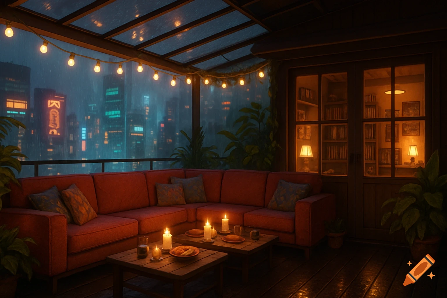 A cozy rooftop lounge overlooking a rainy cyberpunk city at night, with a red sofa, candles, and string lights under a glass canopy.