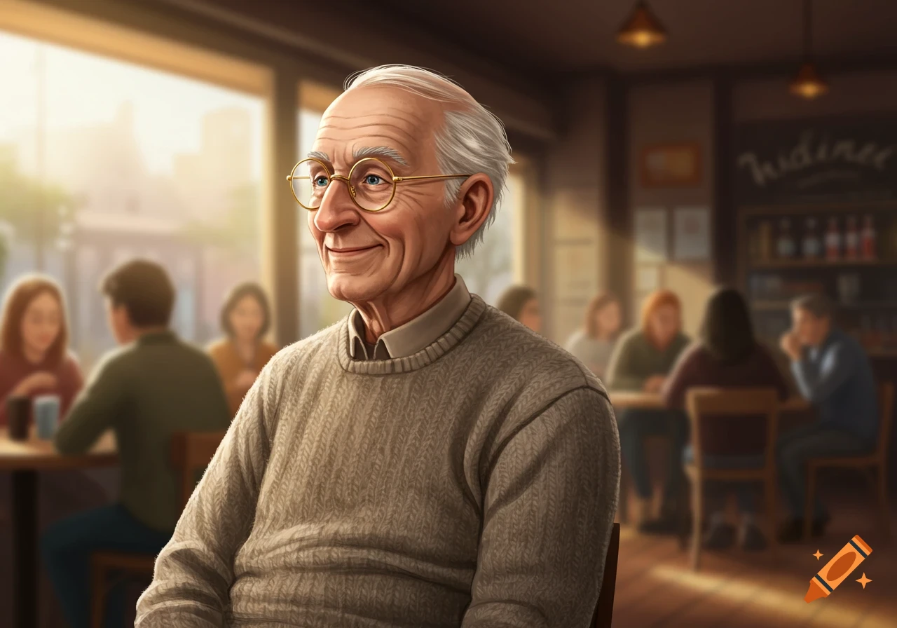 Elderly man with glasses smiling in a warm, busy coffee shop, digital painting.