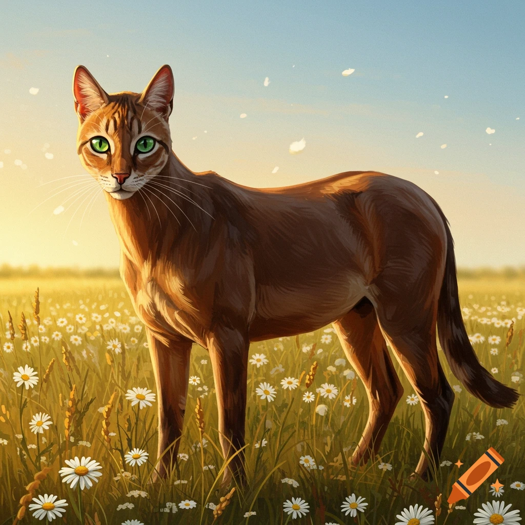 A horse-sized cat with green eyes stands in a field of white daisies at sunset.