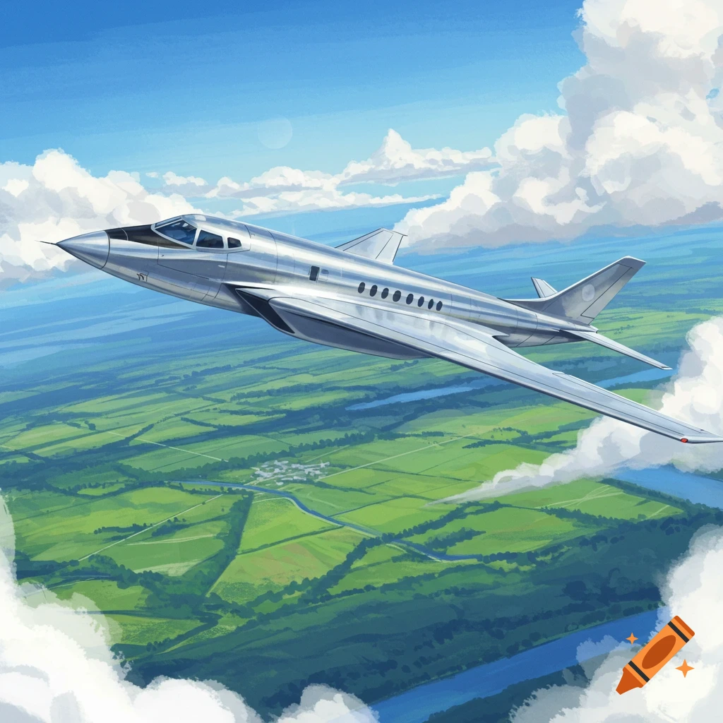 A sleek silver jet plane flies through a blue sky with white clouds over a green landscape with rivers and fields in an illustration.