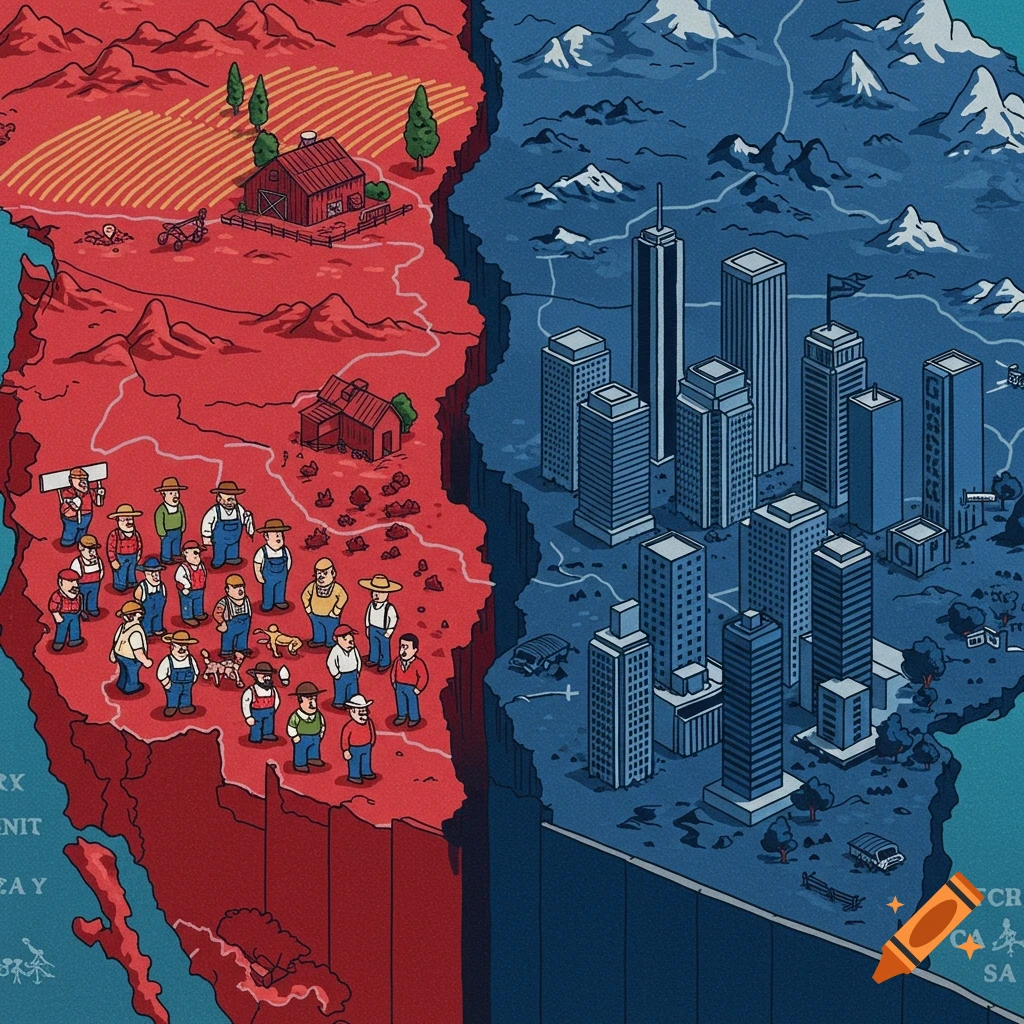 An illustrated map showing a red rural side with farmers and barns, and a blue urban side with skyscrapers, divided by a wall.