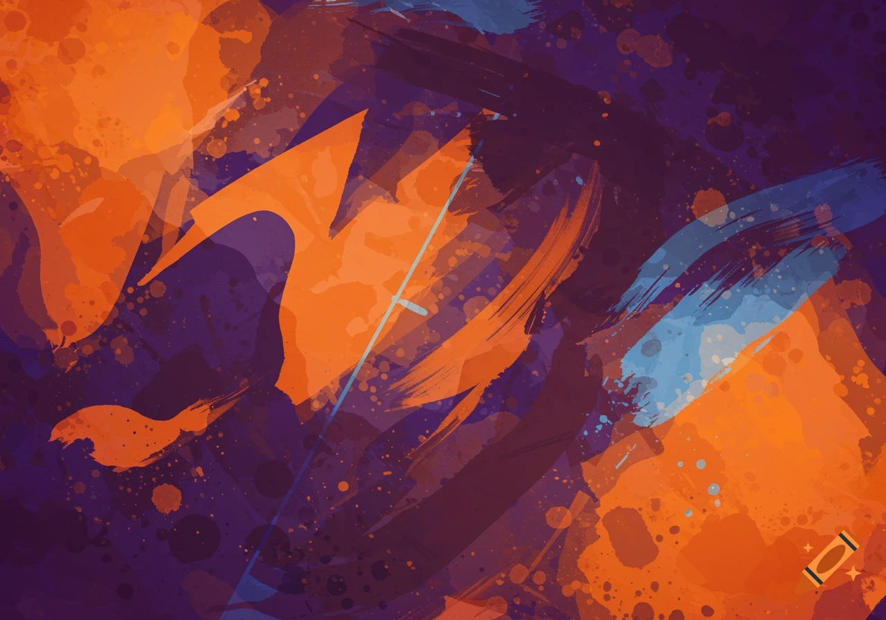 Abstract painting with bold orange, purple, and blue brushstrokes and paint splatters.