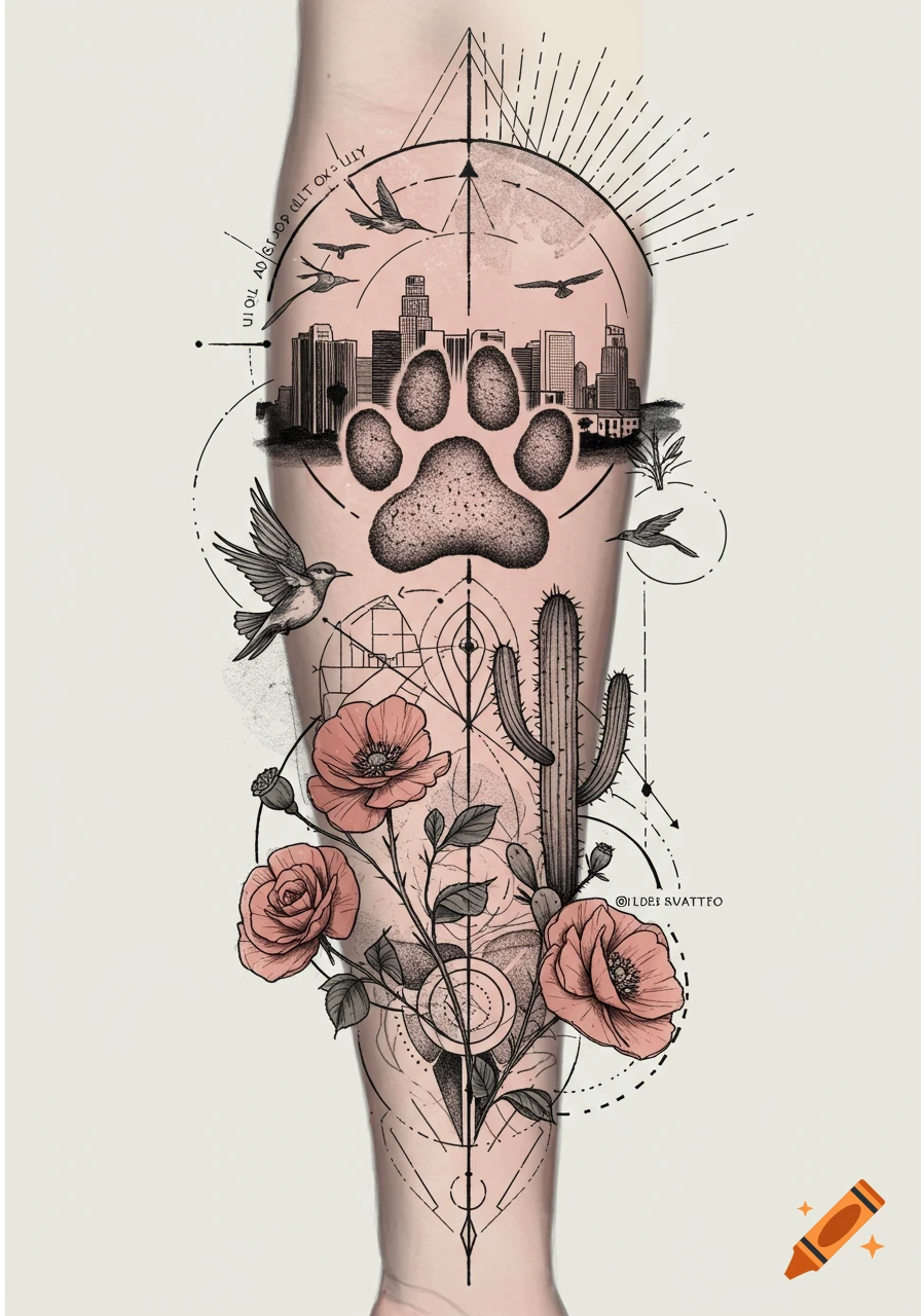 A detailed forearm tattoo design featuring a paw print, Los Angeles skyline, birds, a cactus, and poppy and rose flowers, with geometric lines.