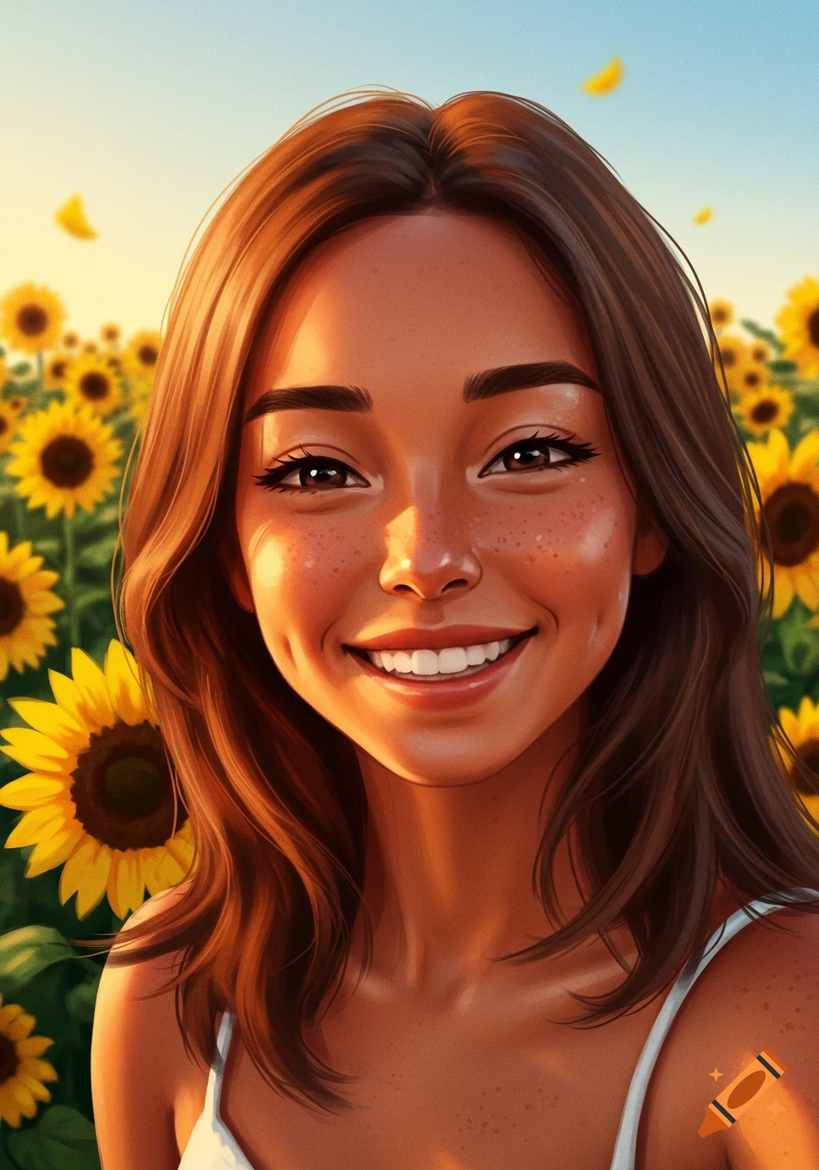 A vibrant digital art portrait of a smiling woman with freckles, framed by a sunlit field of sunflowers.