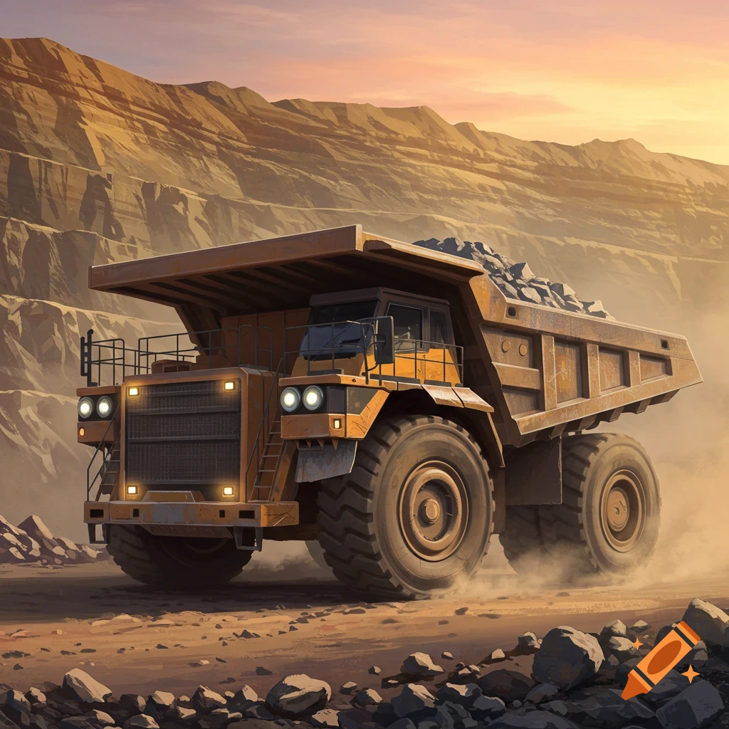 A large yellow dump truck loaded with rocks drives on a dusty road in a mining landscape at sunset.