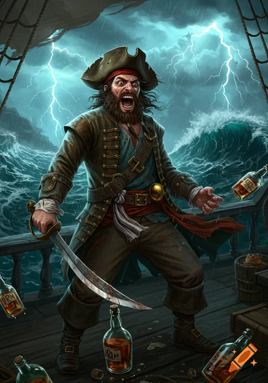 A deranged pirate yells on a storm-tossed ship, sword in hand, with rum bottles scattered on the deck. Stylized fantasy art.
