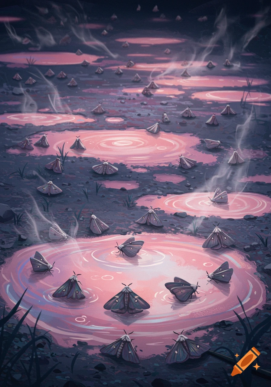 Illustrative depiction of numerous moths resting in glowing pink puddles across a dark, misty landscape.