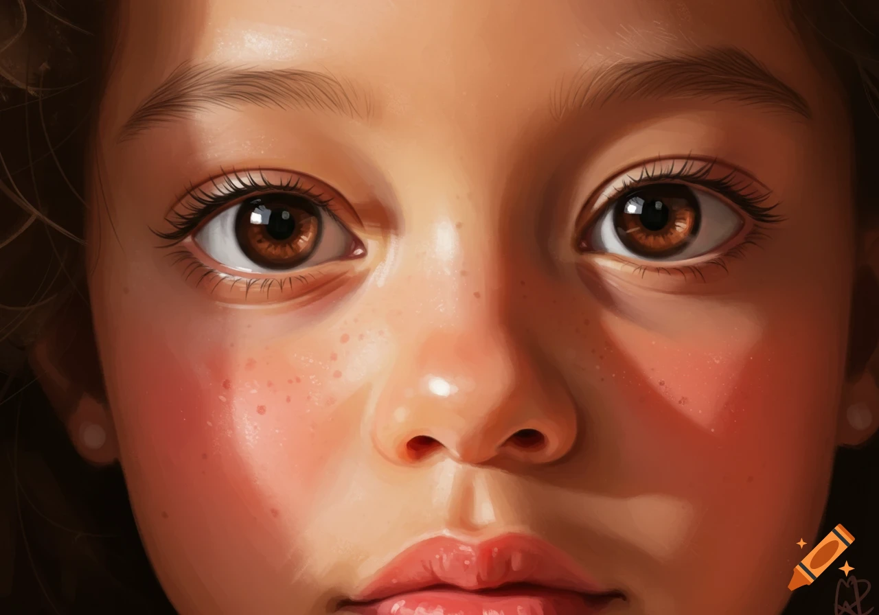 A close-up digital painting of a young person's face with brown eyes and freckles, bathed in warm light.