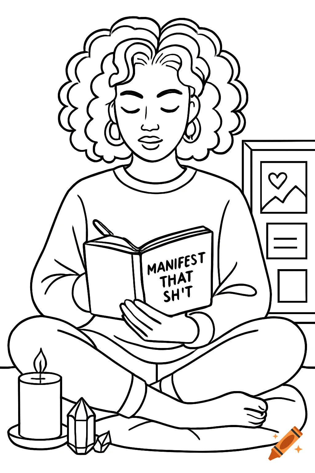 A black and white line art coloring page shows a woman seated cross-legged, writing in a journal that reads "Manifest That Sh't". A candle, crystal, and vision board are nearby.