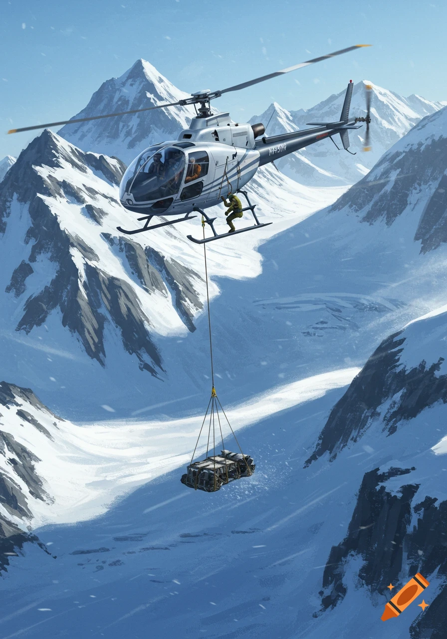 A helicopter performs a sling load operation, carrying cargo through a snowy mountain range with a person hanging below.