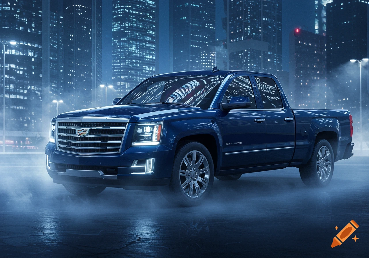 Dark blue Cadillac truck parked on a misty street at night, with a city skyline glowing in the background.