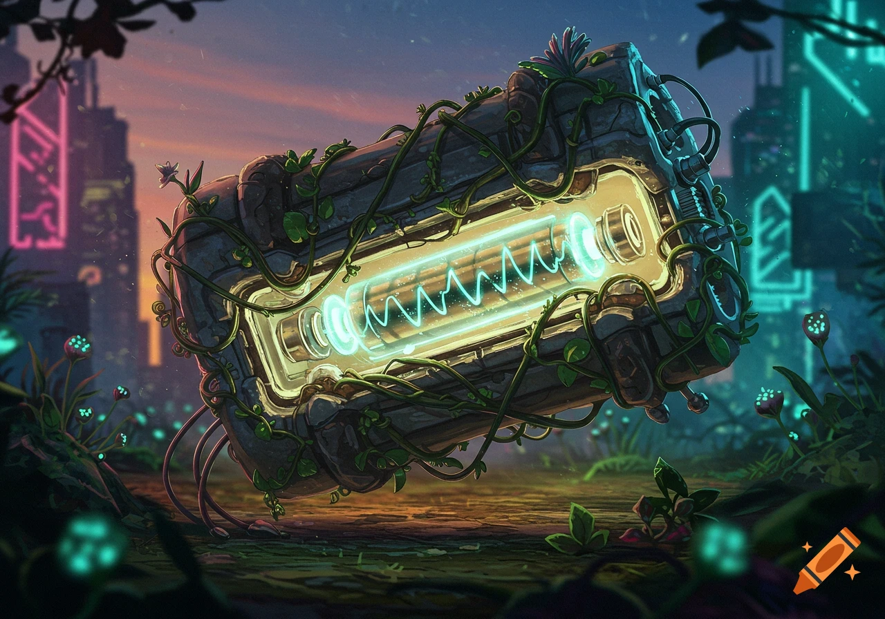 A vibrant, overgrown sci-fi battery glows in a lush landscape with futuristic city lights at dusk, digital art.