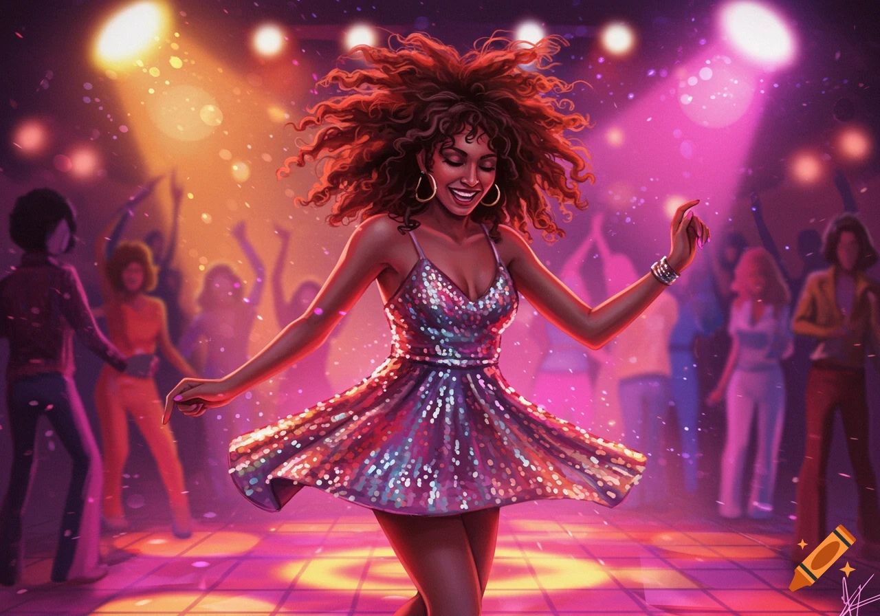 A smiling woman with big curly hair in a sparkly dress dances energetically at a vibrant disco club with colorful lights.