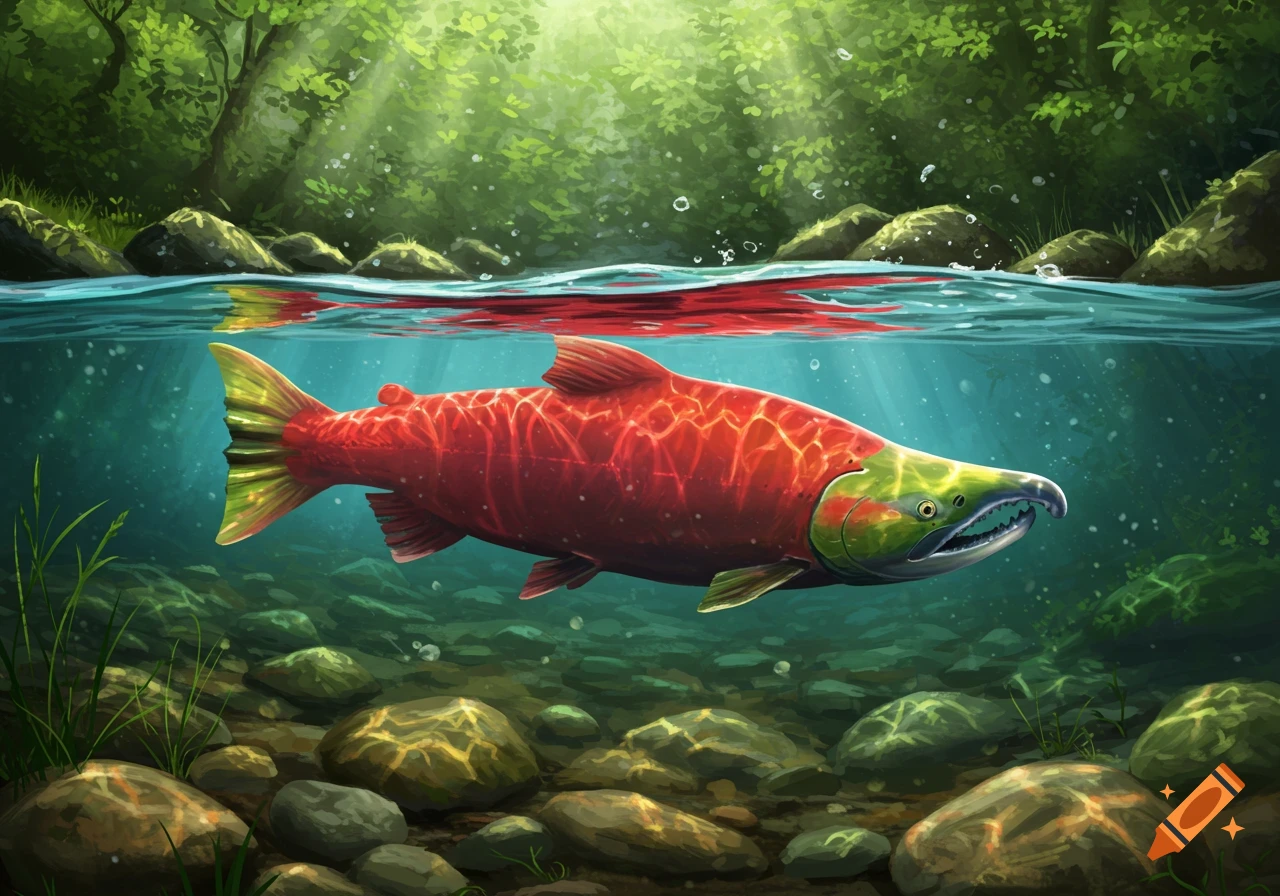 A vibrant red salmon fish swims underwater in a clear river with rocks, sun rays, and green forest above, in an illustrative style.