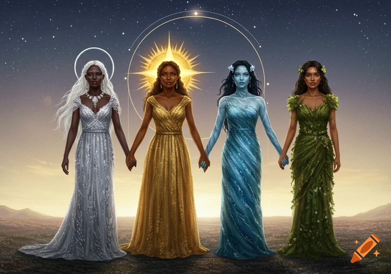 Four goddesses representing moon, sun, water, and earth, holding hands against a starry sky with a setting sun.
