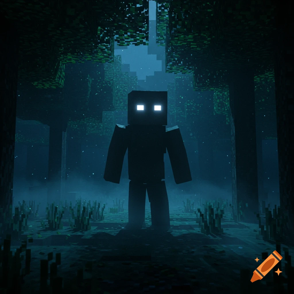 A dark, blocky figure with glowing white eyes stands in a misty, pixelated forest at night, reminiscent of Minecraft.