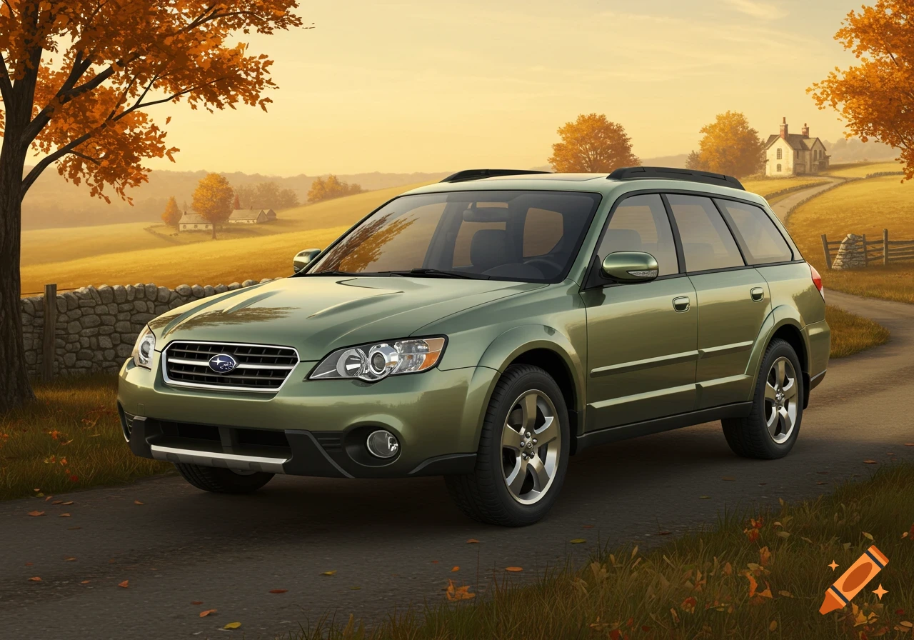 Green Subaru Outback wagon on a dirt road in a photorealistic autumn rural landscape.