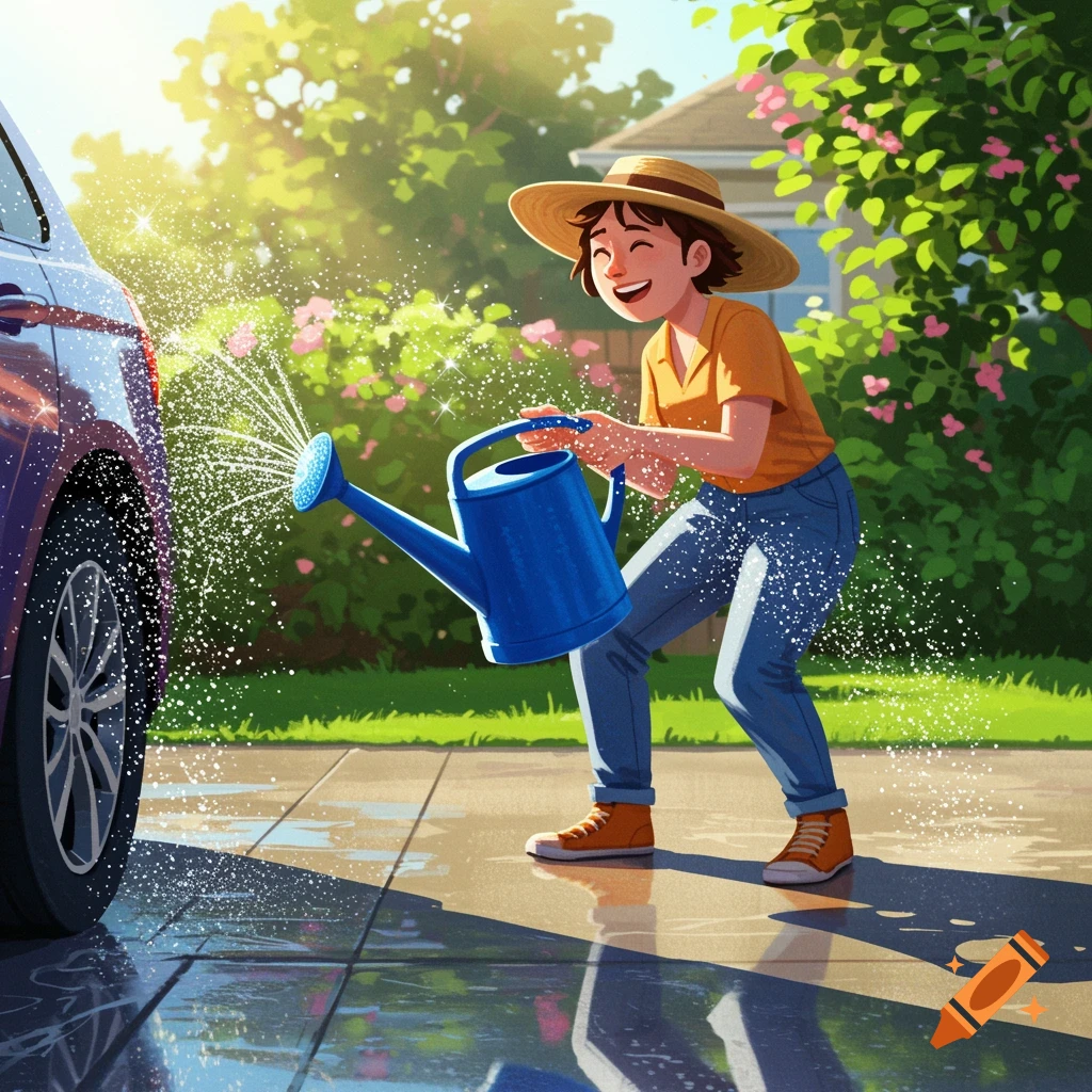 A cheerful person in a straw hat catches car wash water in a blue watering can on a sunny driveway, in an animated style.