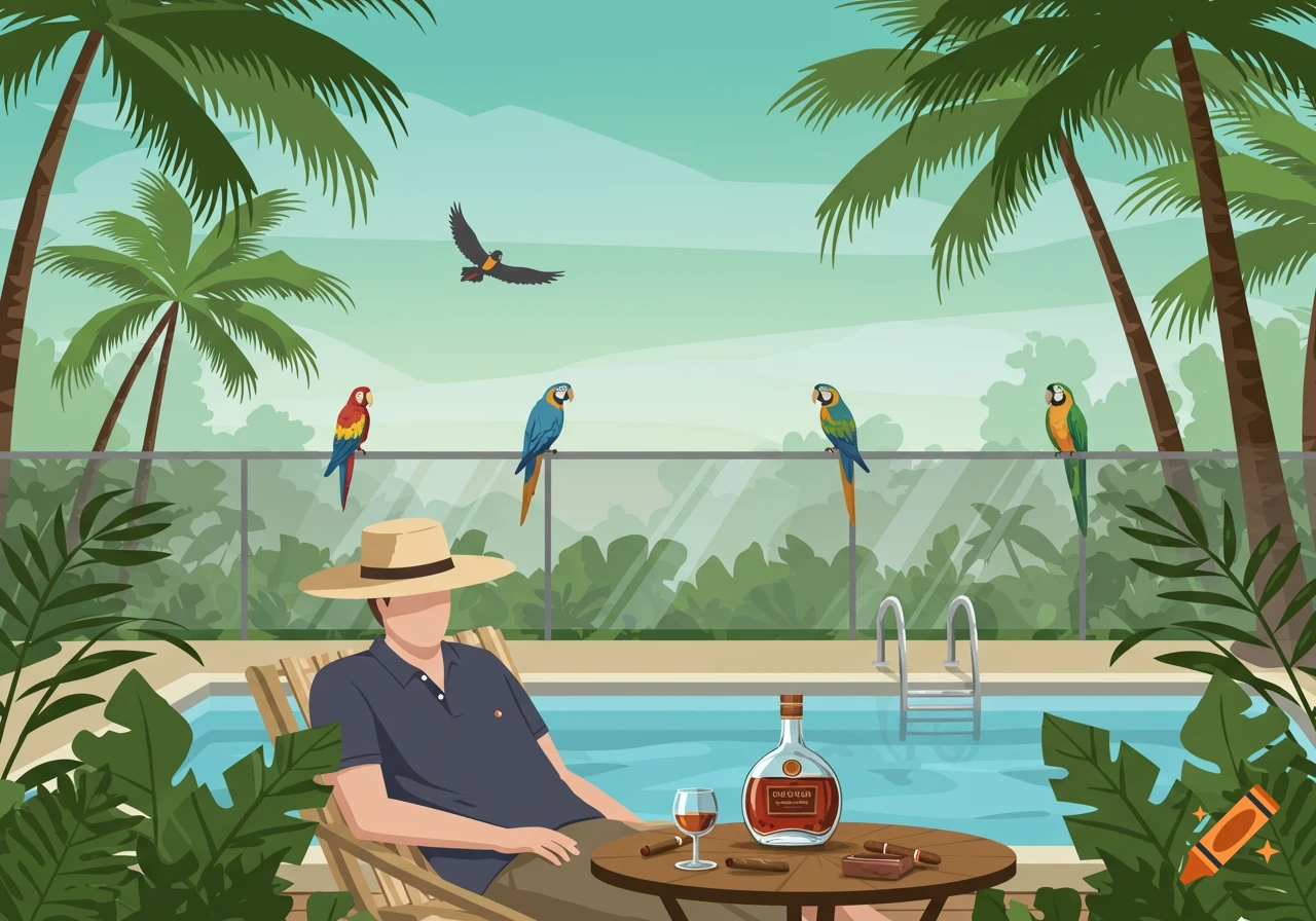 An illustrated man wearing a hat and polo shirt sits by a pool with palm trees, parrots, a cognac bottle, and cigars.
