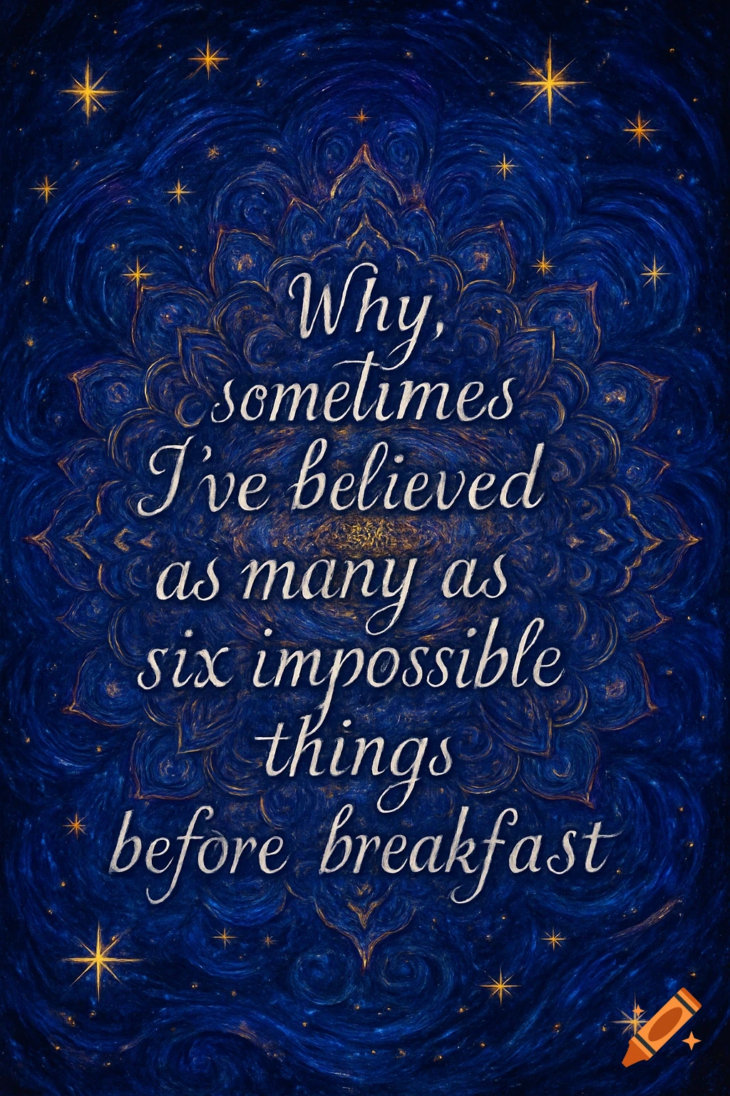 White script quote 'Why, sometimes I ve believed as many as six impossible things before breakfast' on a blue, starry, Van Gogh-style mandala background.