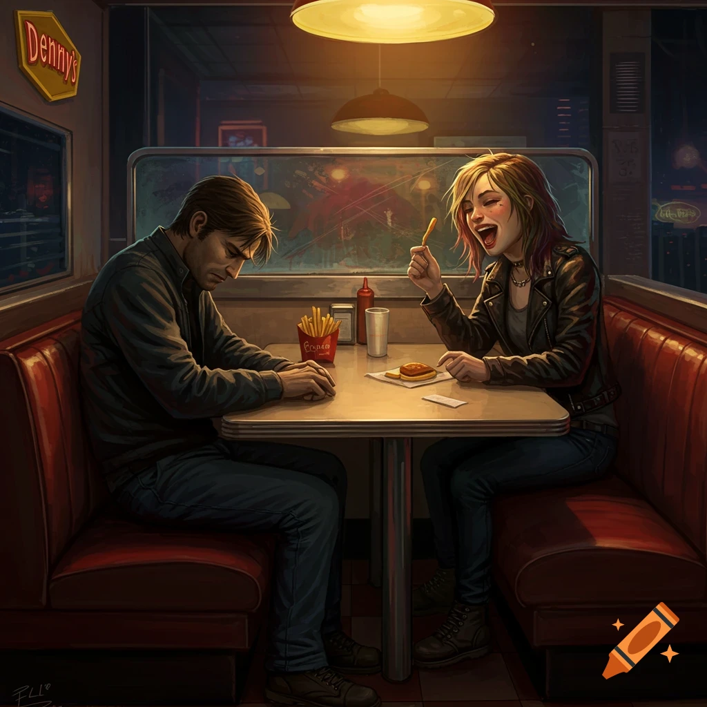 A man looking dejected in a diner booth as a woman in an adjacent booth laughs and playfully points a french fry at him. The scene is illuminated by dim overhead lights.