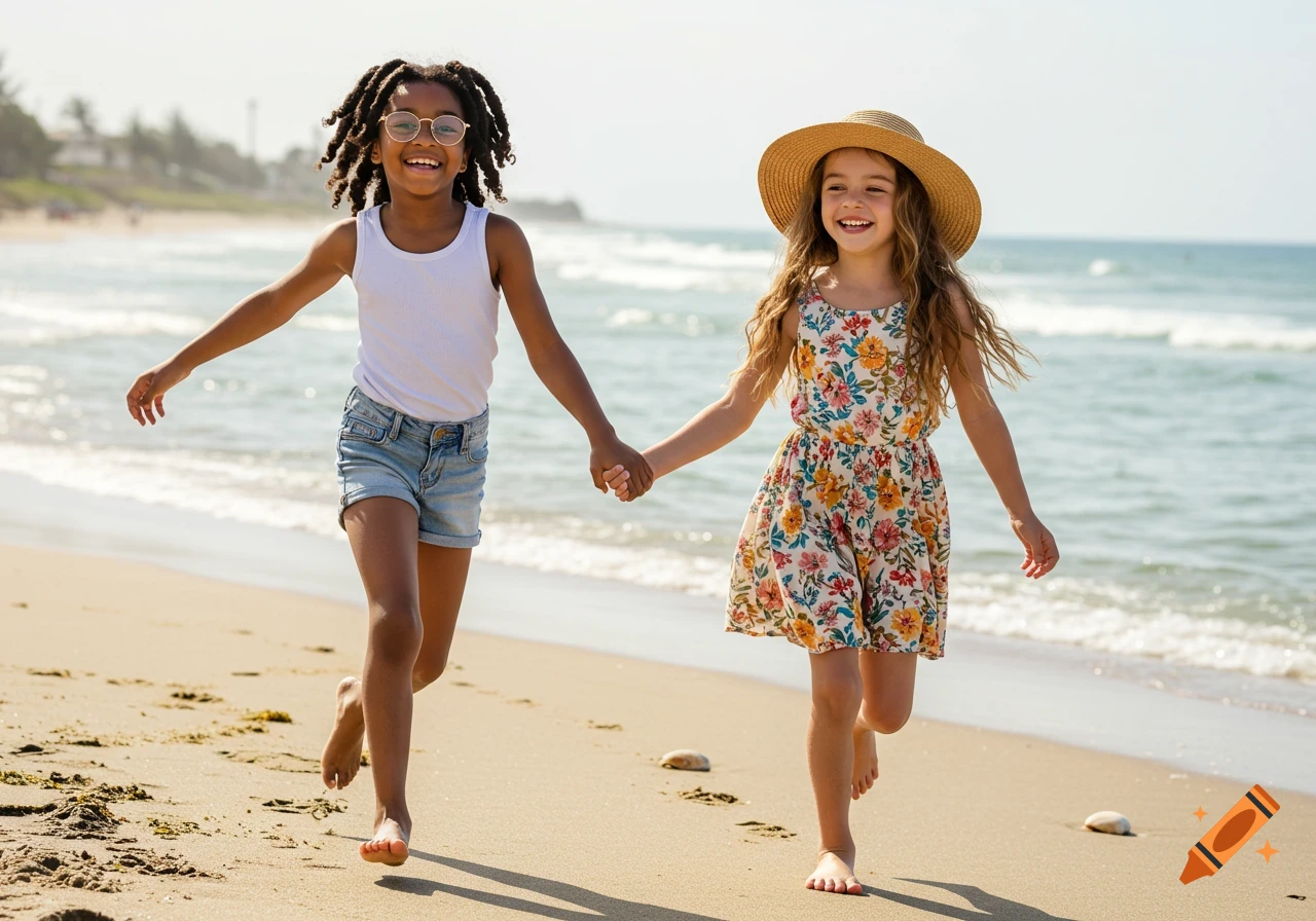 Two smiling girls run hand-in-hand on a sunny beach, one with dreadlocks and glasses, the other in a floral dress and hat.