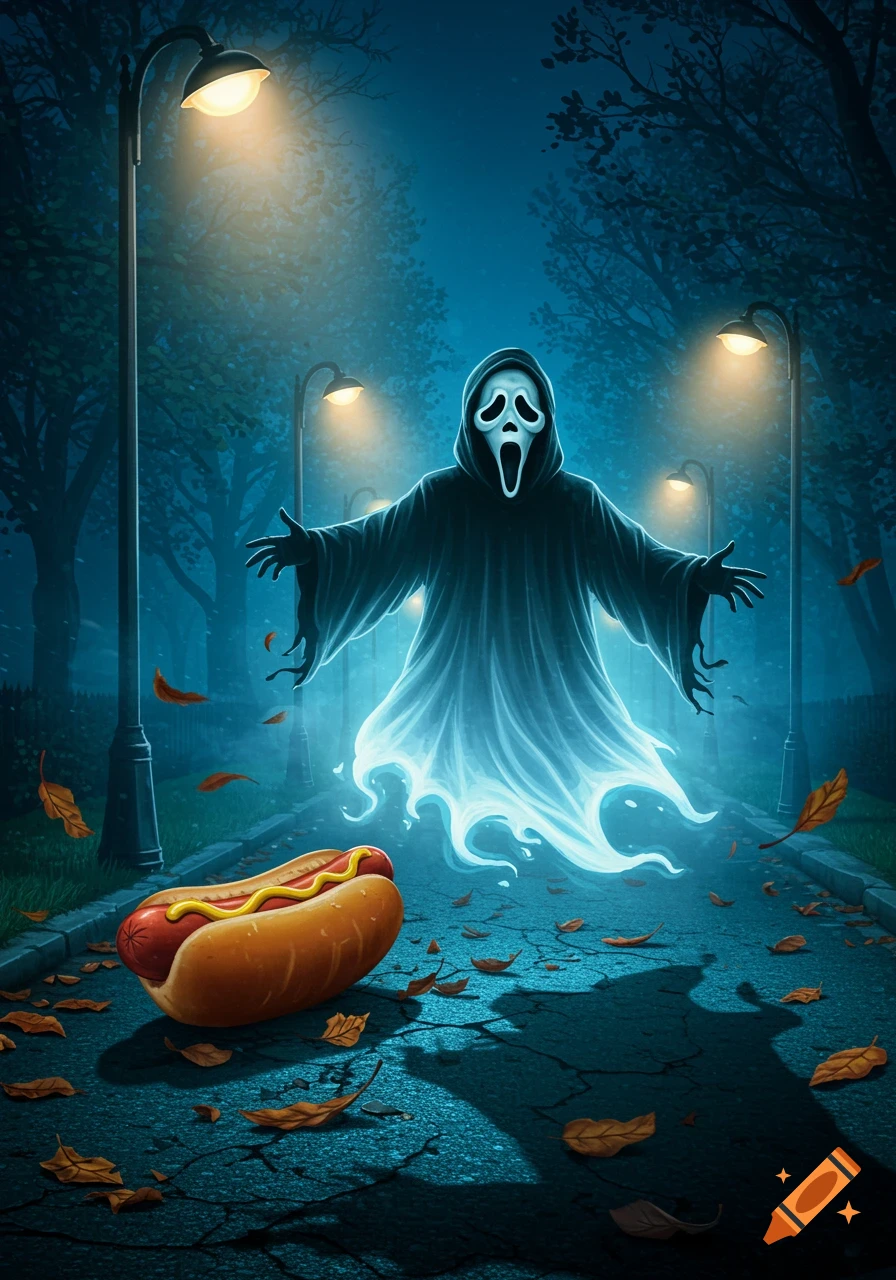 A stylized illustration of a Ghostface figure floating over a hot dog on a dark, leafy path at night, illuminated by streetlights.