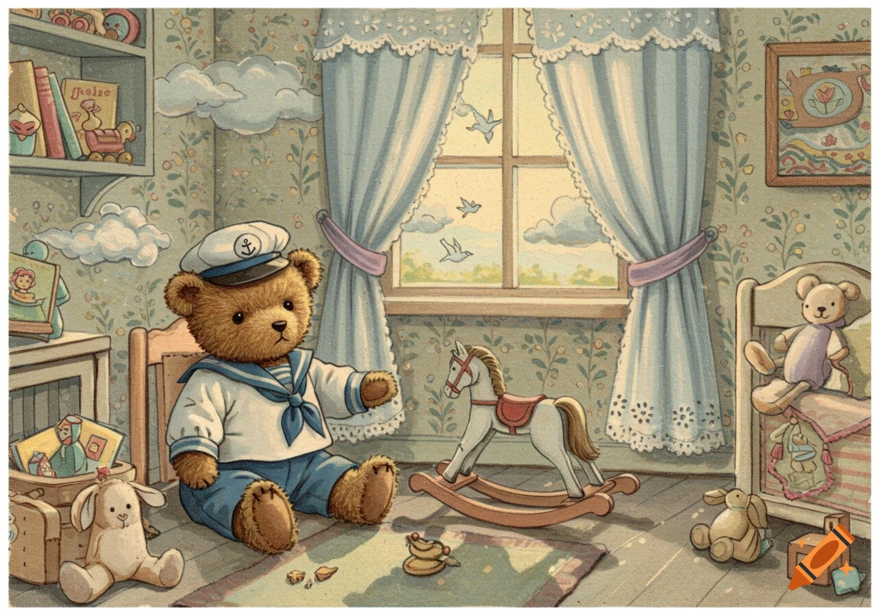 A vintage-style illustration of a teddy bear in a sailor suit sitting in a nursery with a rocking horse, crib, and toys.