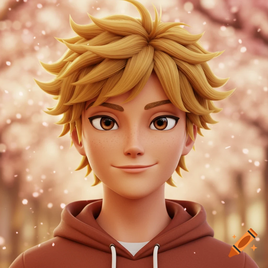A 3D anime-style portrait of a young blonde man with freckles and brown eyes, wearing a brown hoodie, smiling in a cherry blossom setting.