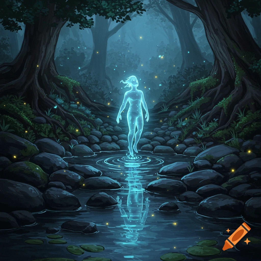 A glowing ethereal figure stands in a mystical forest stream, its light reflecting on the water.