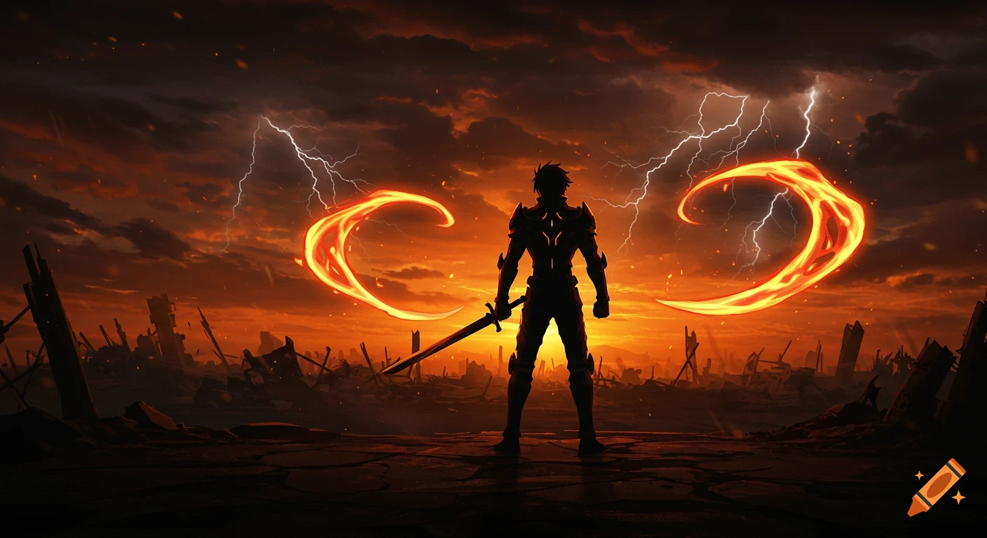 A silhouetted warrior with a sword stands amidst ruins under an orange, stormy sky with lightning and swirling fire.