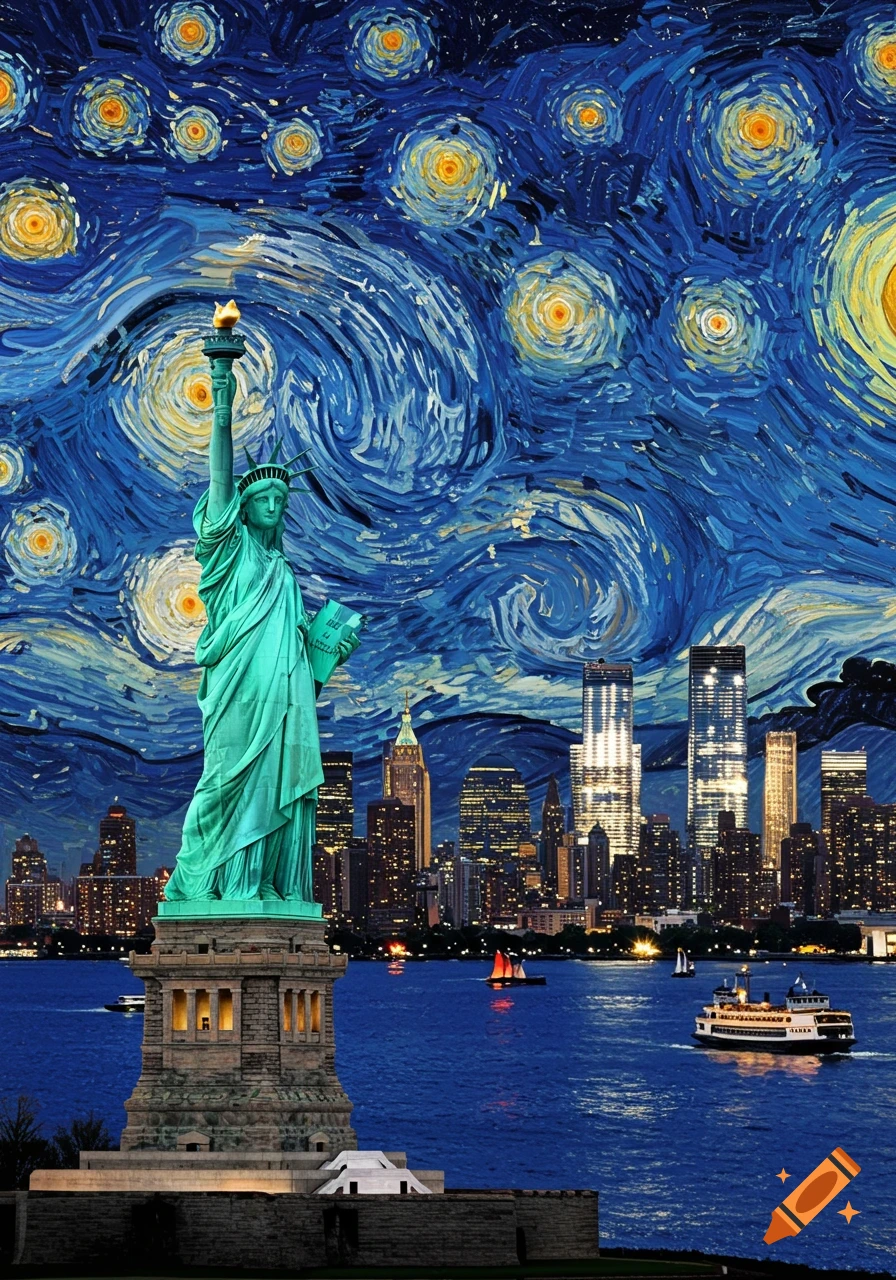 Statue of Liberty with Manhattan skyline and boats under a vibrant Van Gogh Starry Night sky.