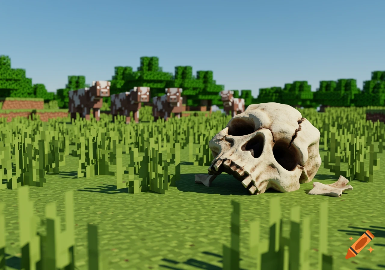 A photo-realistic Minecraft scene shows a dried ghast skull on green grass with blocky cows grazing under a clear blue sky.