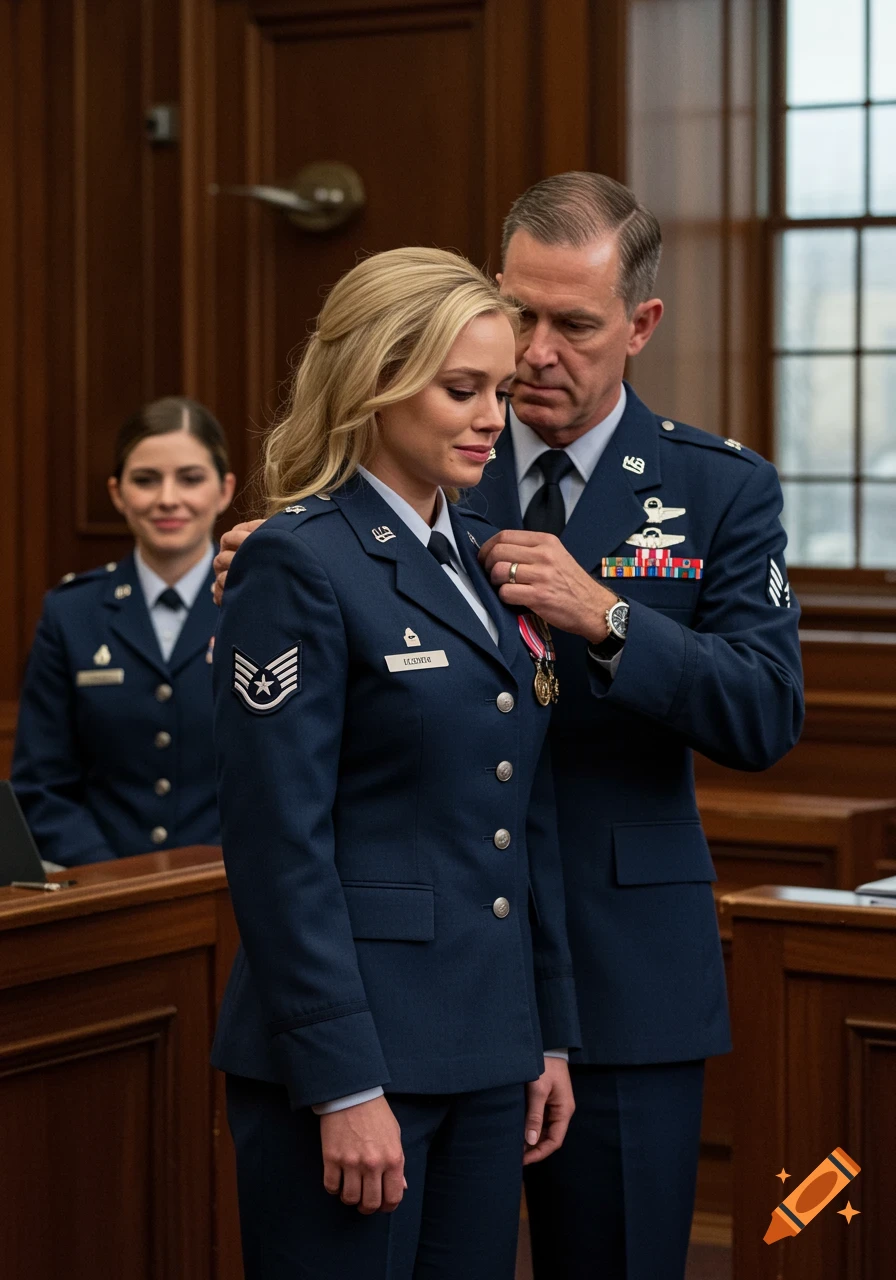 Photorealistic image of a female Air Force officer getting her uniform adjusted by a male officer, with another female officer smiling in the background.