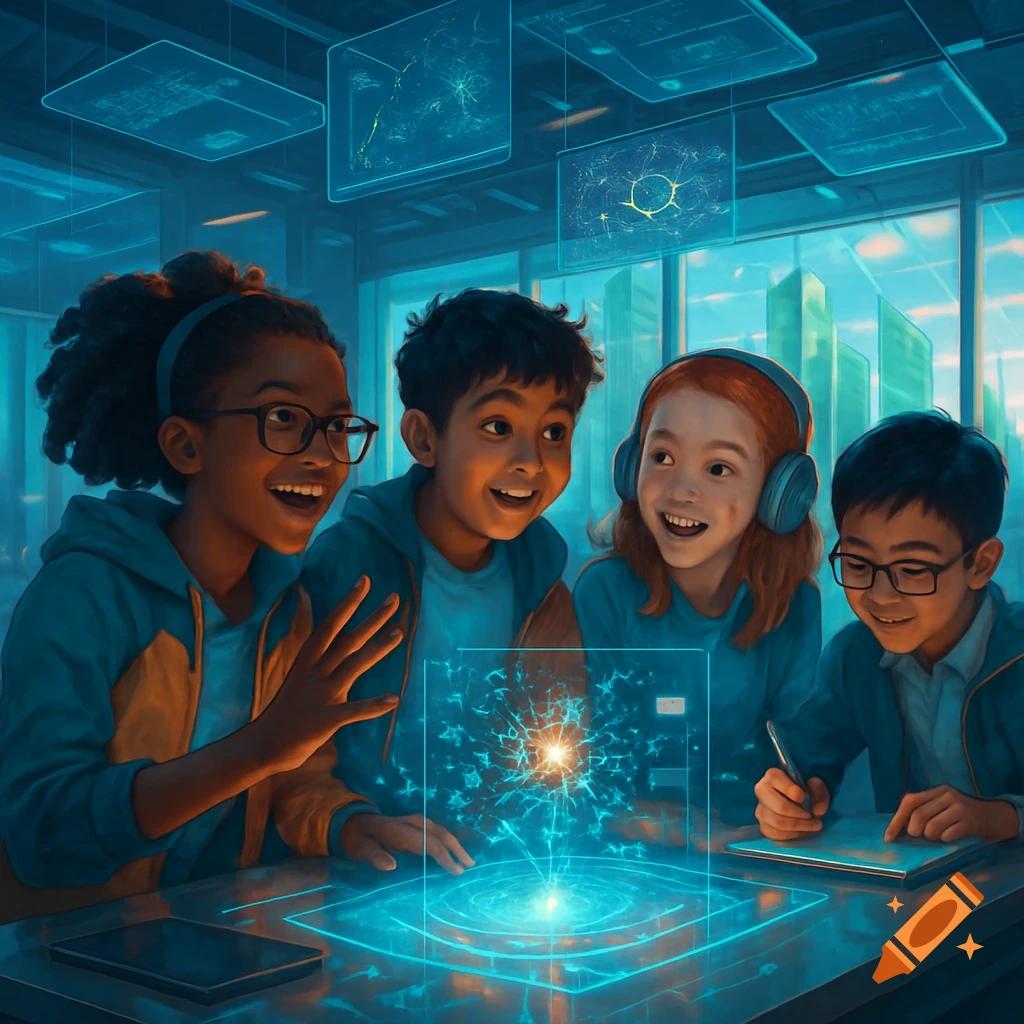 Four diverse children look with awe at a glowing holographic projection in a futuristic lab.