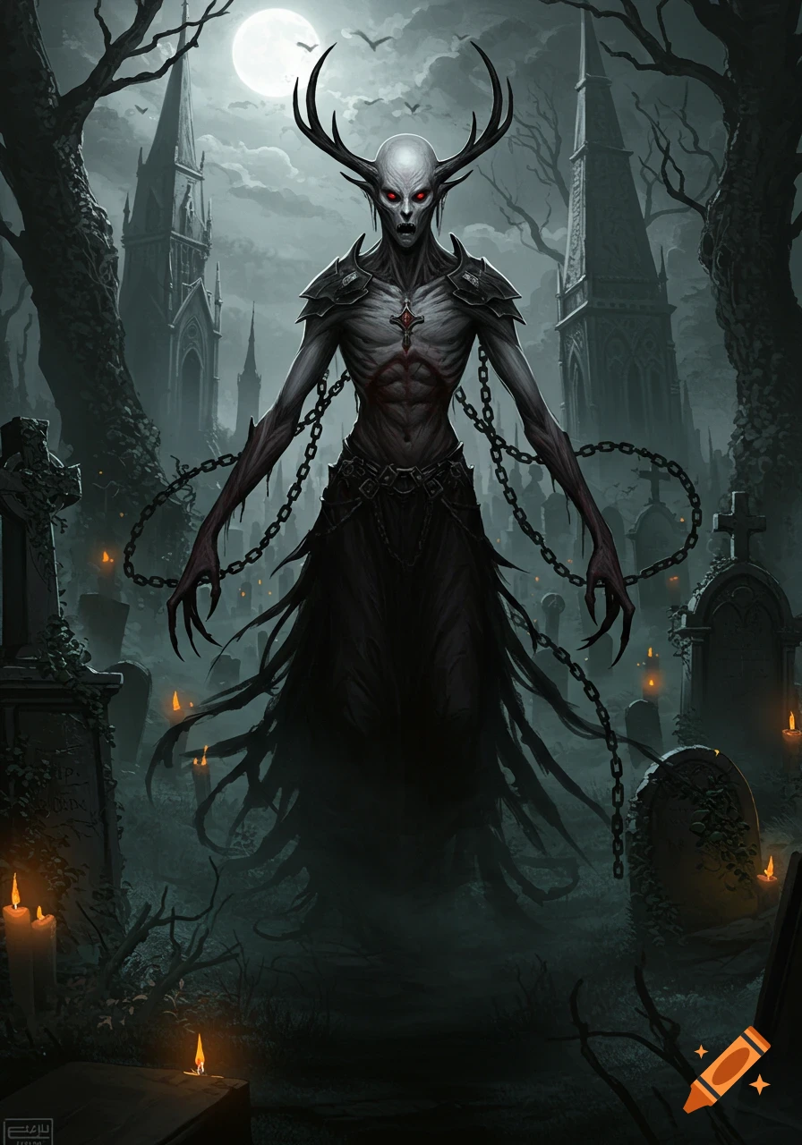 A gaunt, horned demonic creature with red eyes and chains stands in a misty gothic graveyard under a full moon.