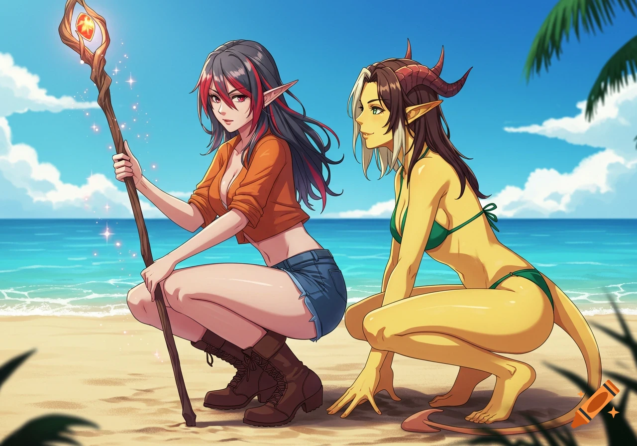 An anime-style elf woman with a staff and a tiefling woman in a bikini crouch on a beach with the ocean in the background.