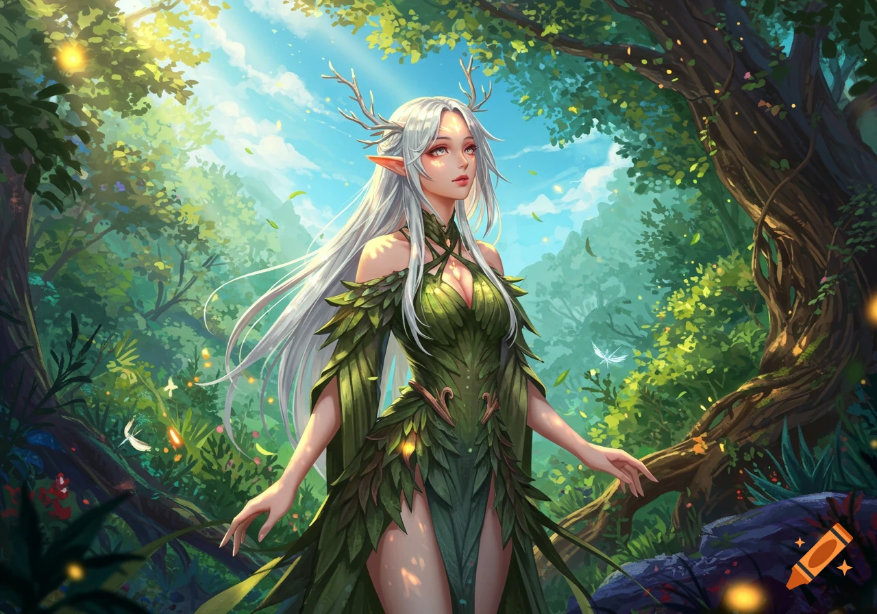 An anime elf character with white hair and antlers in a green leafy dress stands in a sunlit forest.