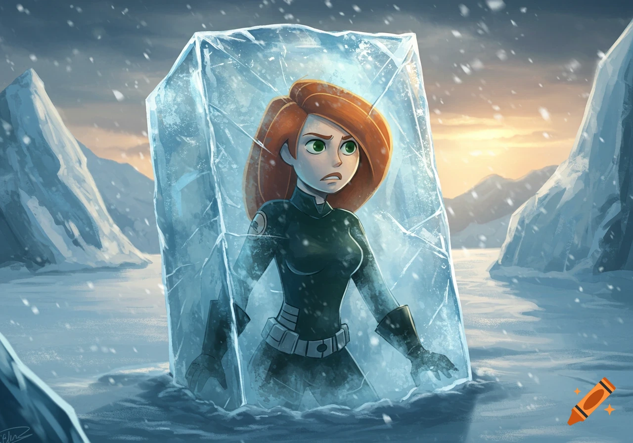 Kim Possible, frozen inside a large block of ice in a snowy arctic landscape with mountains under a pale sky.